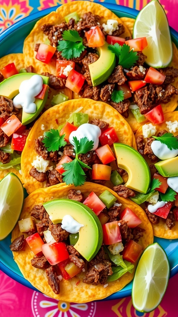 A plate of chopped beef tostadas with beef, lettuce, tomatoes, avocado, and sour cream, served with lime wedges.